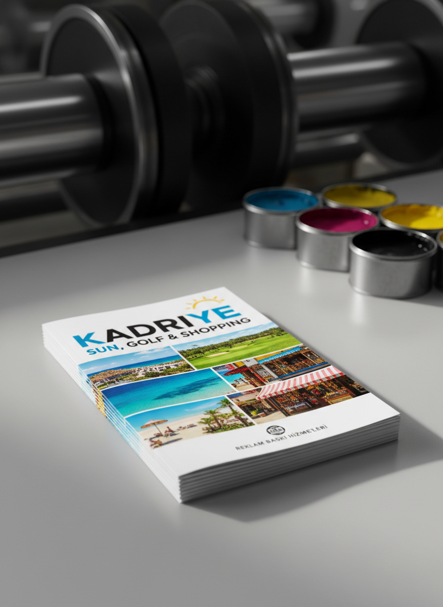 A close-up, photographic realism image of a freshly printed full-color brochure stack, perfectly aligned on a smooth light grey studio surface. The top brochure shows vibrant Kadriye-themed visuals: beaches, golf courses, and local shops with crisp CMYK colors and razor-sharp text, hinting at professional offset printing quality. Soft, diffused daylight from the left creates subtle reflections on the glossy coated paper and gentle shadows to the right. In the blurred background, out-of-focus offset print rollers and ink tins in cyan, magenta, yellow, and black suggest a modern print shop. Shot at a slightly elevated three-quarter angle with shallow depth of field, the mood is professional, precise, and trustworthy, ideal for showcasing reliable reklam baskı services.