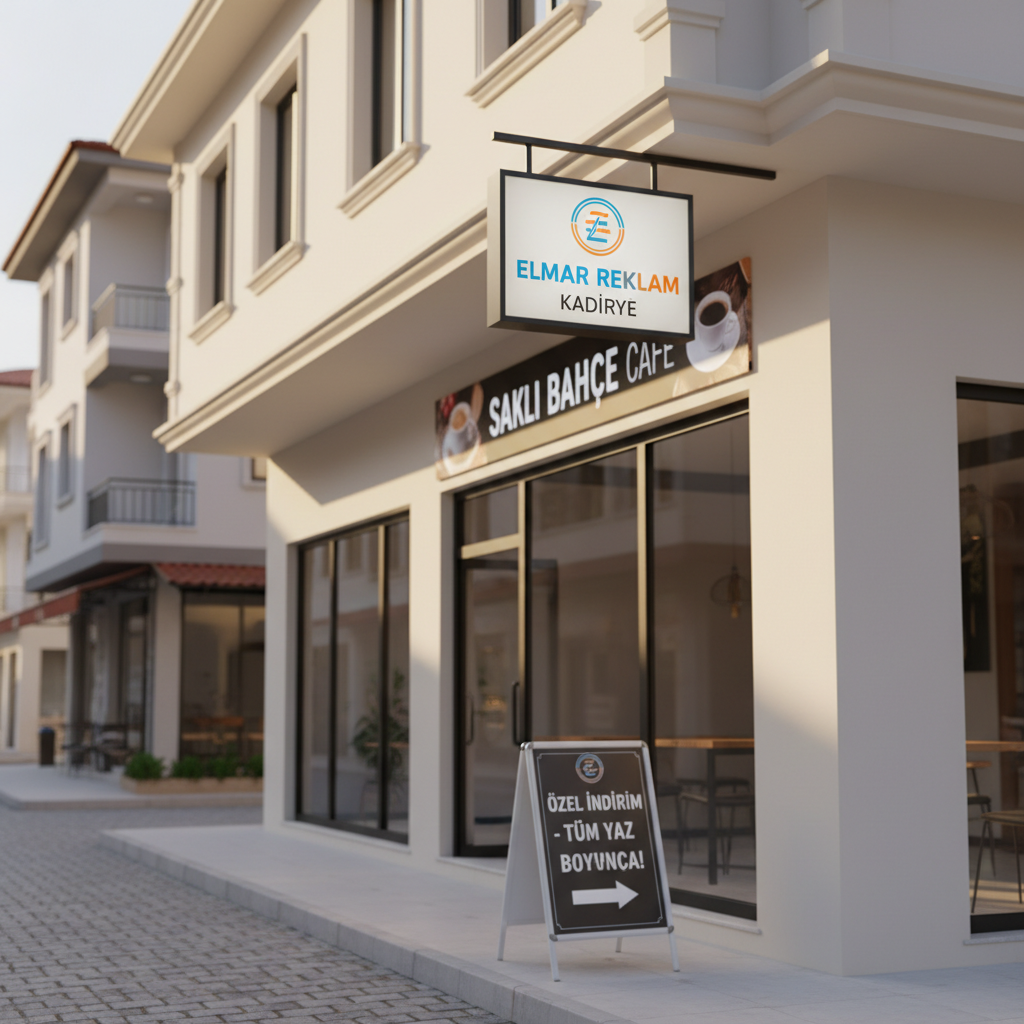 A photographic realism streetscape detail of a clean building facade in Kadriye featuring multiple outdoor reklam solutions by Elmar Reklam Kadriye. A bold aluminum lightbox sign with backlit translucent graphics projects from the wall, while a flat ACM panel sign with crisp, full-color printing sits above a glass storefront. On the sidewalk, an A-frame board with matte laminated vinyl print displays a promotion. Warm late afternoon sunlight bathes the cream-colored facade, casting long, soft shadows and creating a subtle glow within the lightbox. The perspective is at eye level, slightly angled down the street, with the signs in sharp focus and distant buildings gently blurred. The mood is confident, local, and business-focused, clearly showcasing etkili tabela and outdoor reklam applications.