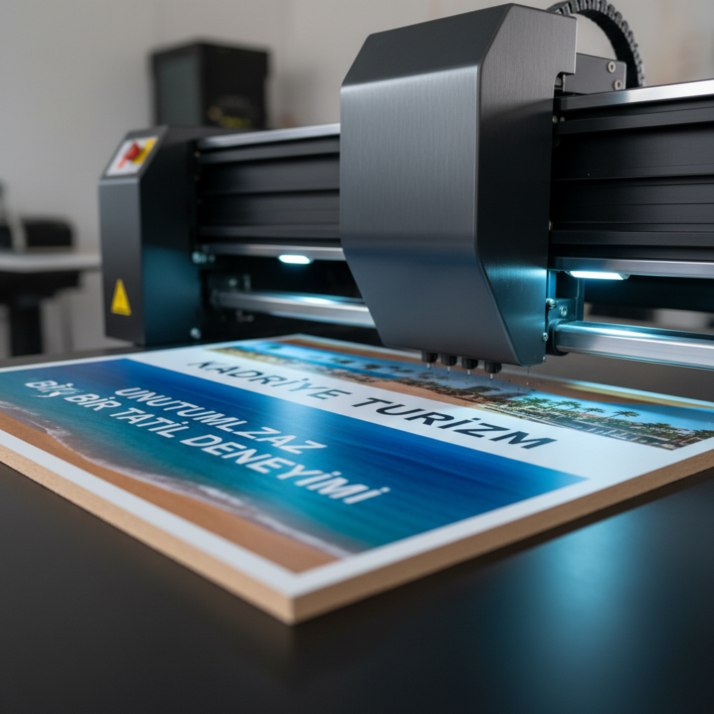 A realistic, high-resolution close-up of a large-format UV printer head gliding over a rigid foamboard sign, printing a vivid Kadriye tourism billboard. The sign surface shows intense blues and warm sandy tones with crisp, legible Turkish text, while microscopic ink droplets can be seen forming smooth gradients. The printer body, a sleek dark grey metal with subtle brushed texture, occupies the upper portion of the frame. Cool LED work lights from the machine cast controlled, focused illumination, creating tiny highlights along the print head rails and soft reflections on the semi-gloss board. Shot from a low, side angle with a strong sense of motion blur only in the background, the mood is high-tech, efficient, and reliable, emphasizing precision in reklam baskı production.