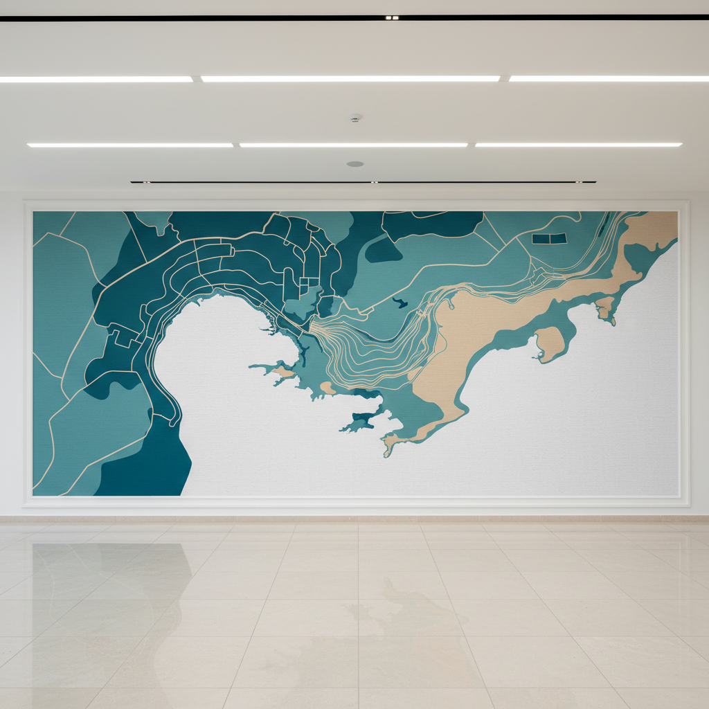 A photographic realism image of a large indoor wall graphic installation in a Kadriye office lobby. A seamless, high-resolution vinyl wall covering stretches across a pristine white wall, showing an abstract map-inspired design in turquoise and sand tones, subtly referencing the local coastline. The graphic is perfectly aligned with the wall edges, with no bubbles or wrinkles, emphasizing expert application. Recessed ceiling LEDs cast even, neutral white light that highlights the smooth, satin finish of the vinyl and reveals a faint, intentional texture in the design. The floor is polished light stone reflecting softened shapes of the graphic. Captured straight-on at eye level with full sharpness, the mood is modern, clean, and corporate, showcasing sophisticated iç mekan reklam baskı capabilities.