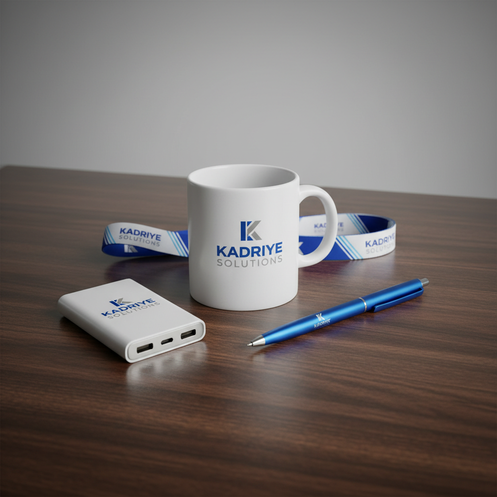 A meticulously arranged tabletop scene in photographic realism highlighting promotional products. On a dark walnut desk with visible wood grain, a branded matte-white ceramic mug, a sleek blue metal pen, a lanyard with a printed satin ribbon, and a compact power bank with UV-printed logo are grouped together. Each item features consistent corporate colors and a refined, modern logo design. Soft studio lighting from above and slightly to the left produces gentle highlights on the metal surfaces and subtle shadows that define each object without harsh contrast. The background fades into a soft, neutral grey gradient, keeping attention on the products. Shot at a slightly elevated angle with sharp focus and a clean, minimalist composition, the atmosphere communicates professional, cohesive promosyon çözümleri for Kadriye businesses.