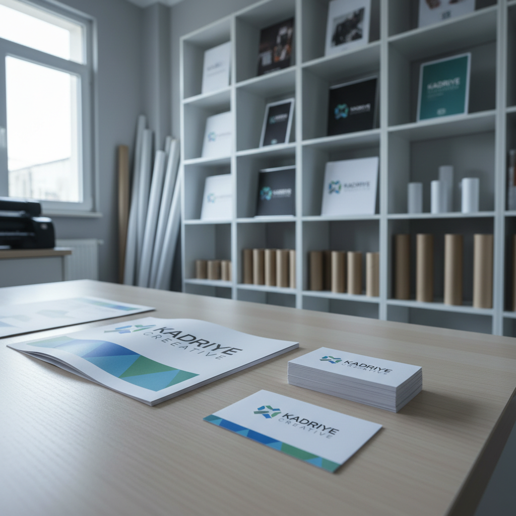 A wide-angle, photographic realism interior view of a tidy Kadriye print and reklam studio, filled with neatly arranged printed materials. In the foreground, a matte-finish business card set, a folded brochure, and a small flyer featuring a clean, modern logo rest on a light wood desk with a smooth texture. Behind them, large-format prints, roll-up banners, and poster tubes line sleek white shelving. Cool neutral daylight streams in from a high side window, creating even illumination and soft shadows that emphasize paper textures and color accuracy. The composition uses the rule of thirds, keeping the desktop materials in sharp focus while the equipment and samples gradually blur, conveying an organized, professional, service-oriented atmosphere.